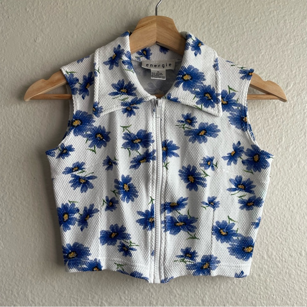 Vintage 90s Energie White Zip-Front Crop Top with Blue Floral Print